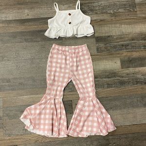 White crop top with cute checkered flare bottoms